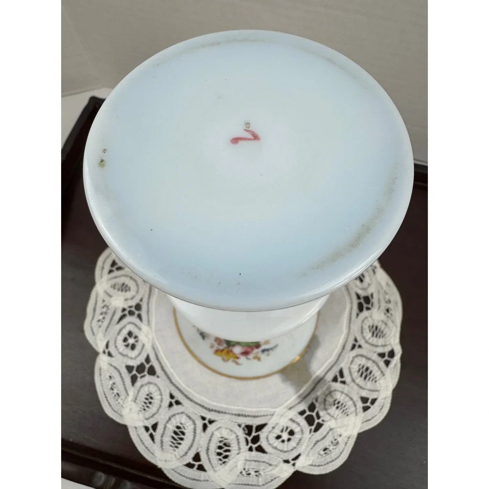Antique 19thC Bohemian French Opaline Milk Glass Footed Vase Hand Painted Floral